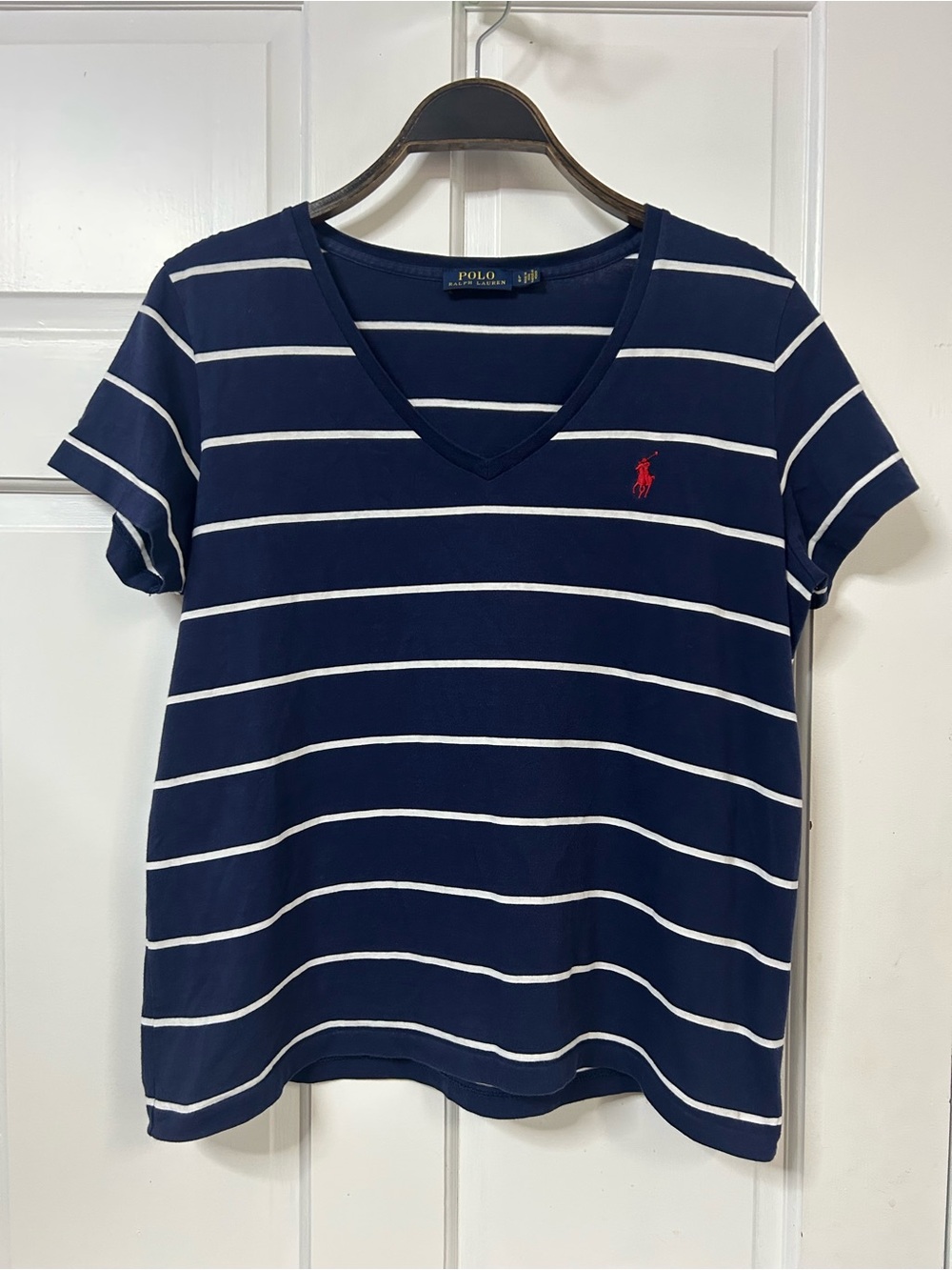 Polo by Ralph Lauren Navy and White Striped V-Neck Tee with Red Pony